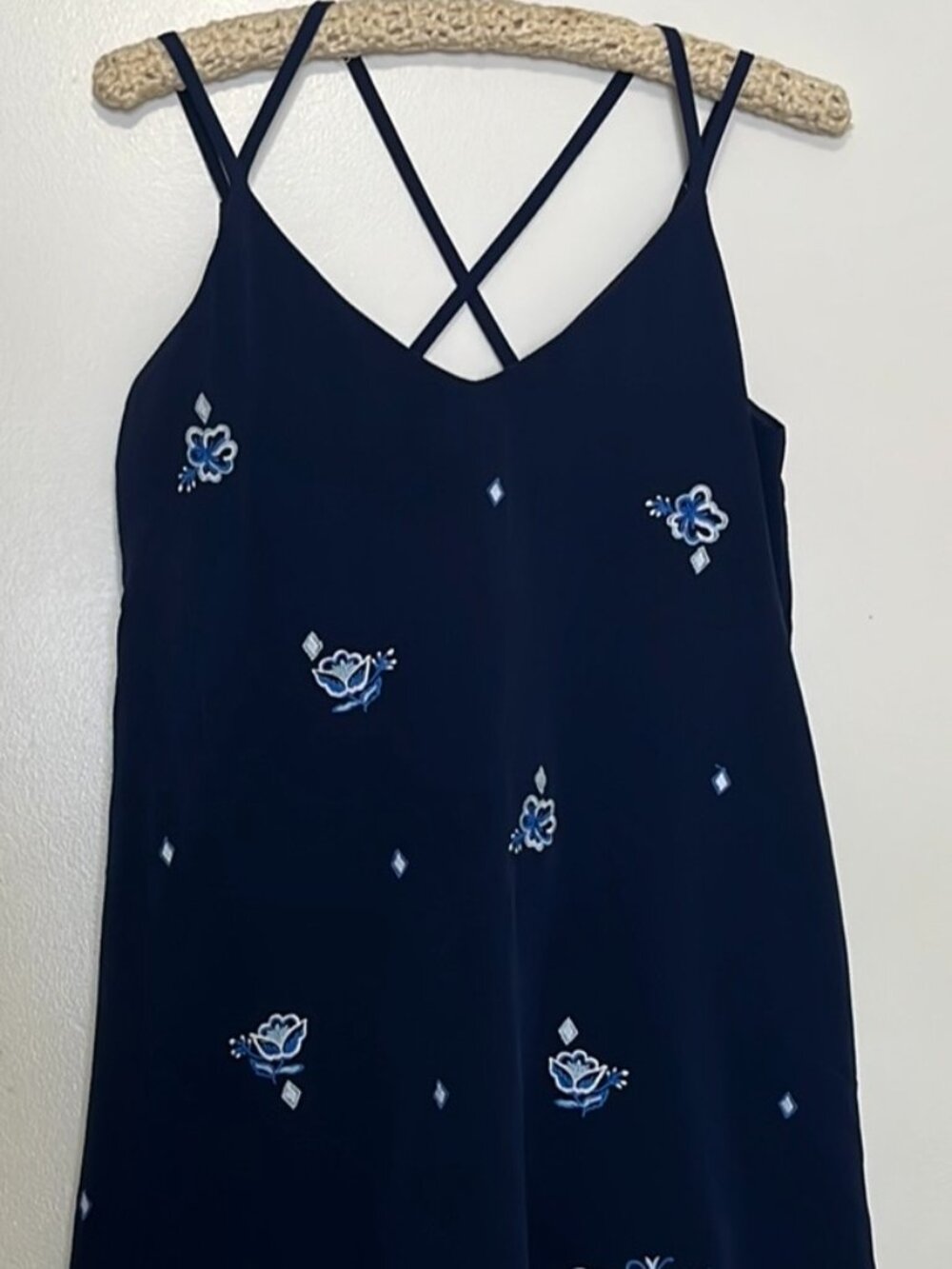 Women's Sleeveless Tunic Top Mini Dress Navy Blue White Floral Embroidered Small